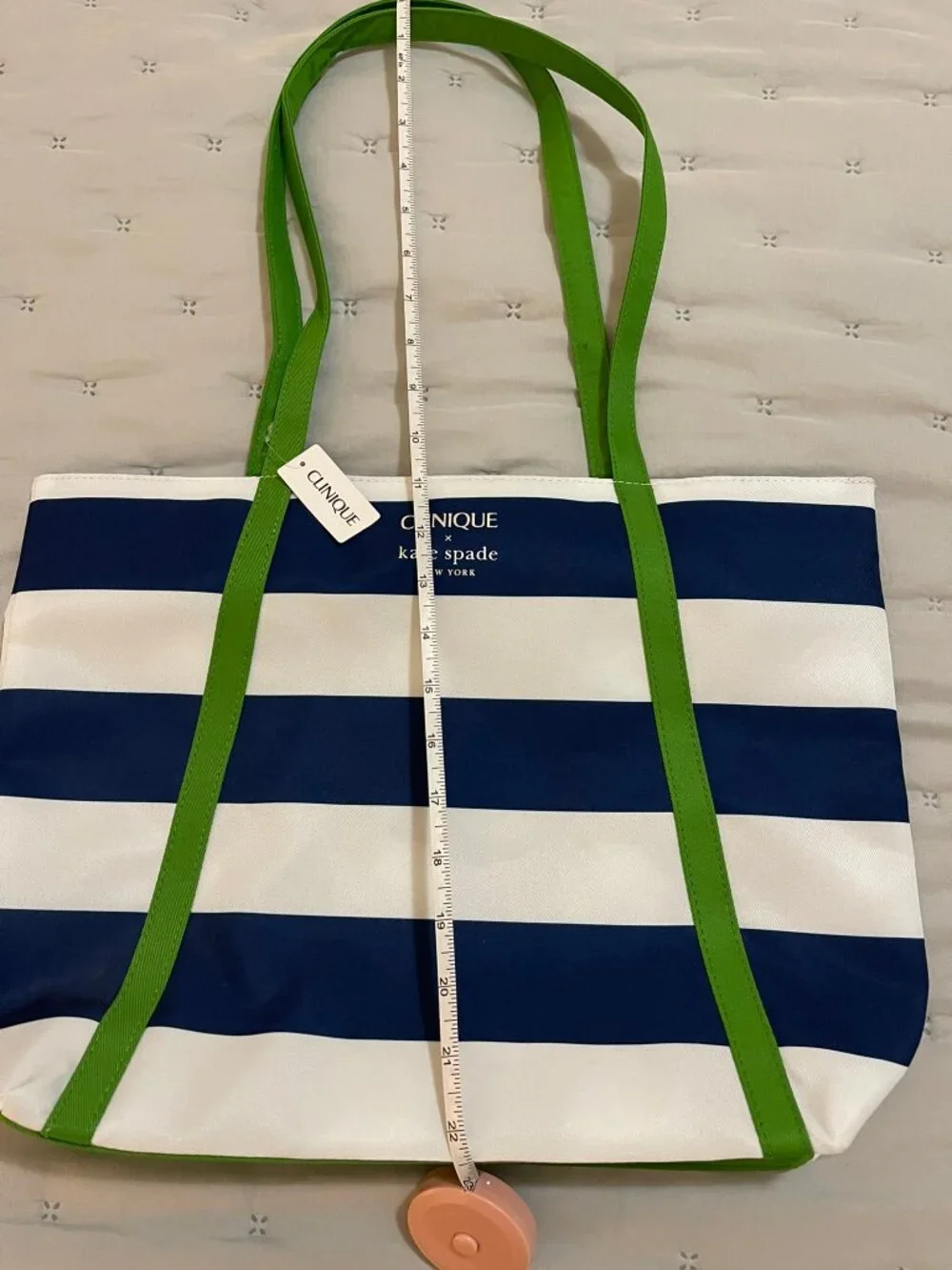 NWT Clinique x Kate Spade New York Navy White Stripe Green Handle Tote Bag
